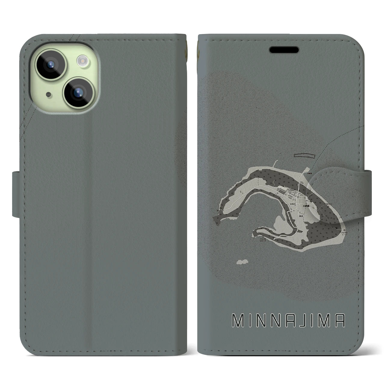 【水納島(沖縄県)】地図柄iPhoneケース(手帳タイプ)モノトーン・iPhone 15 用