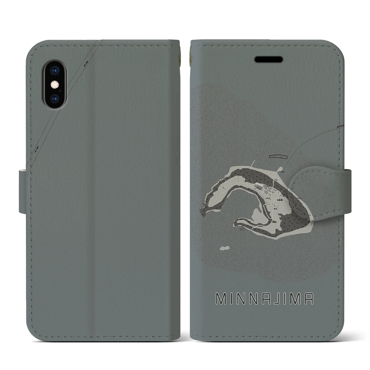 【水納島(沖縄県)】地図柄iPhoneケース(手帳タイプ)モノトーン・iPhone XS / X 用
