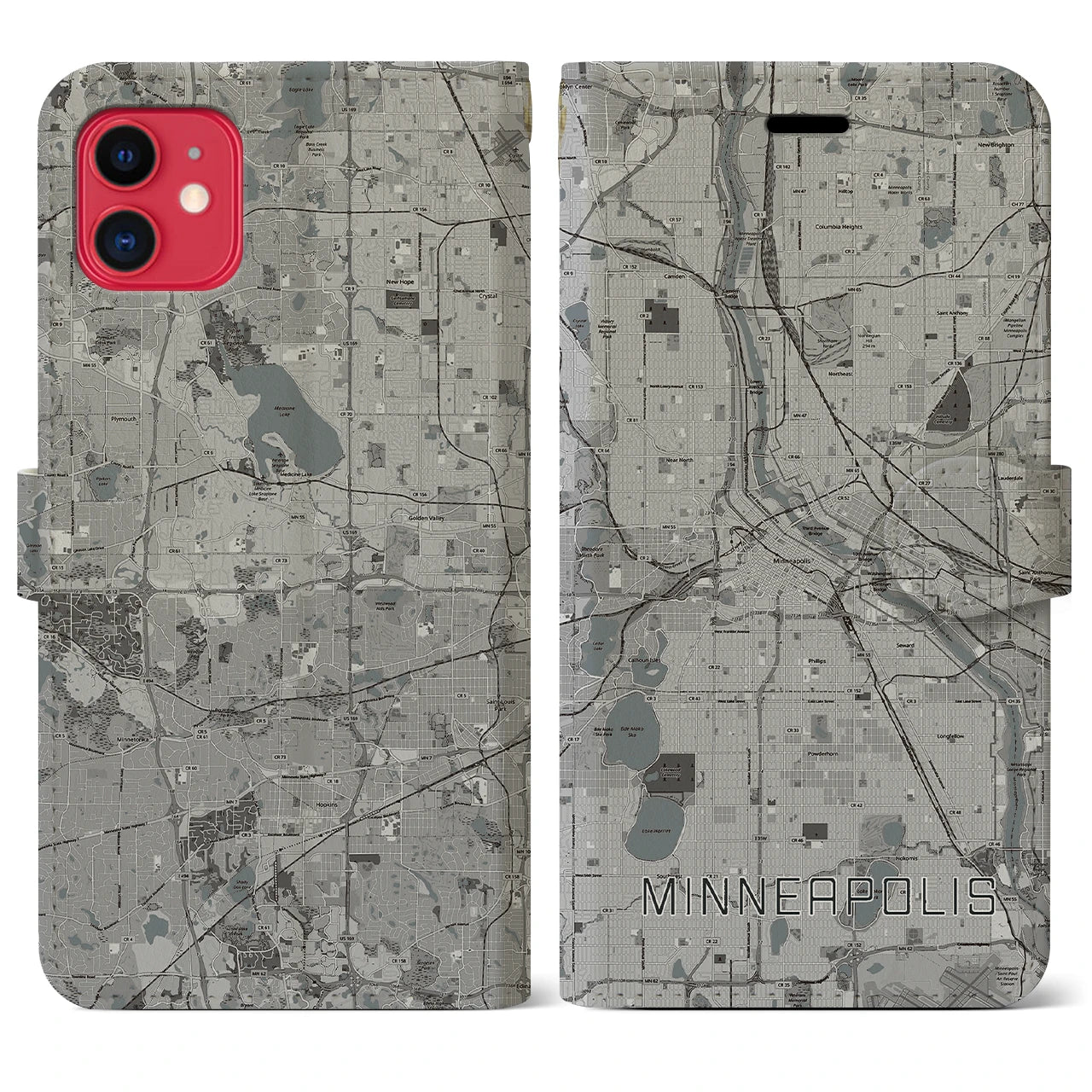 【ミネアポリス(アメリカ)】地図柄iPhoneケース(手帳タイプ)モノトーン・iPhone 11 用