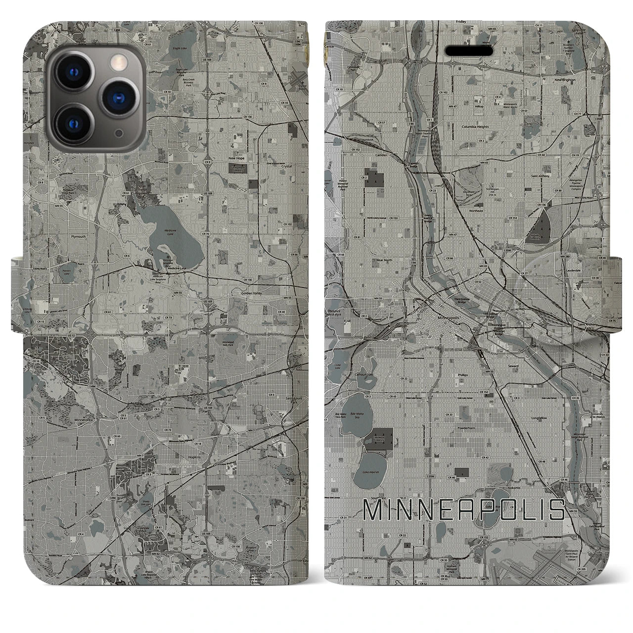 【ミネアポリス(アメリカ)】地図柄iPhoneケース(手帳タイプ)モノトーン・iPhone 11 Pro Max 用