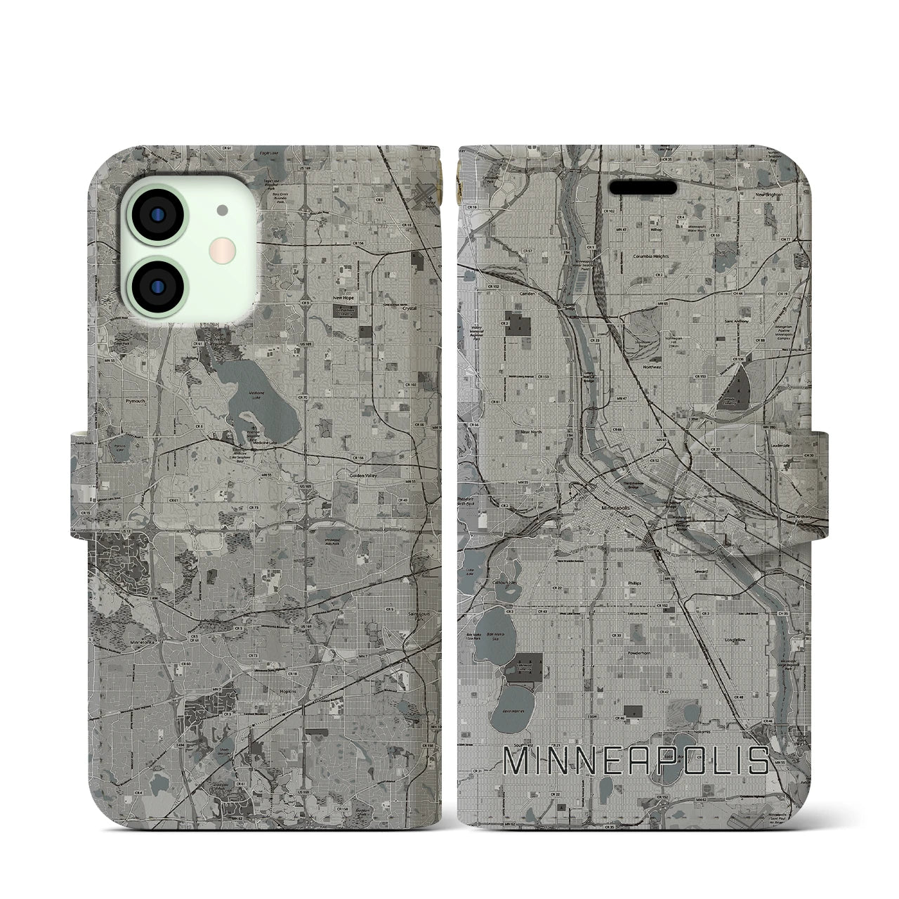 【ミネアポリス(アメリカ)】地図柄iPhoneケース(手帳タイプ)モノトーン・iPhone 12 mini 用