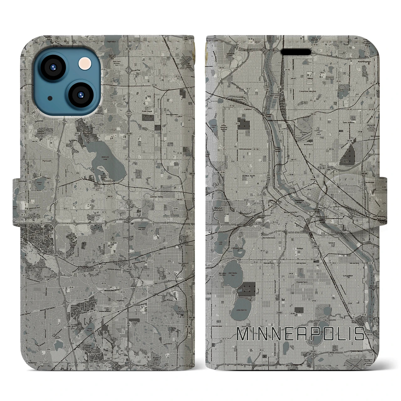 【ミネアポリス(アメリカ)】地図柄iPhoneケース(手帳タイプ)モノトーン・iPhone 13 用