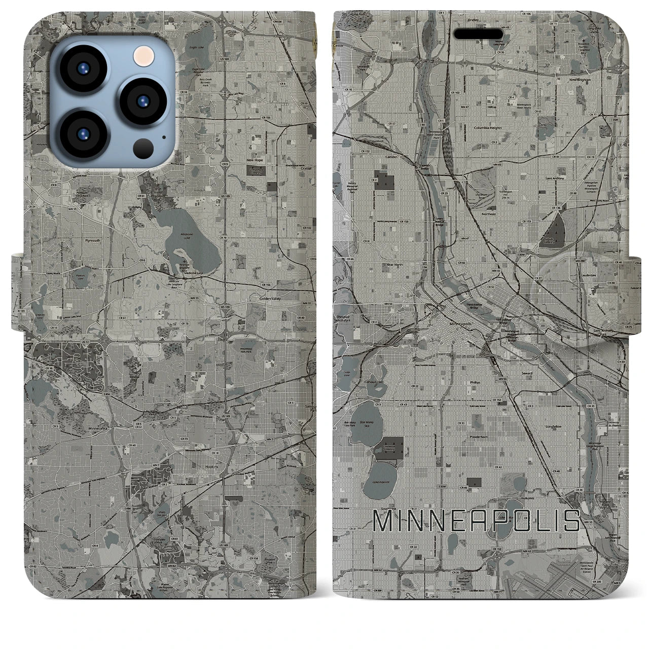 【ミネアポリス(アメリカ)】地図柄iPhoneケース(手帳タイプ)モノトーン・iPhone 13 Pro Max 用