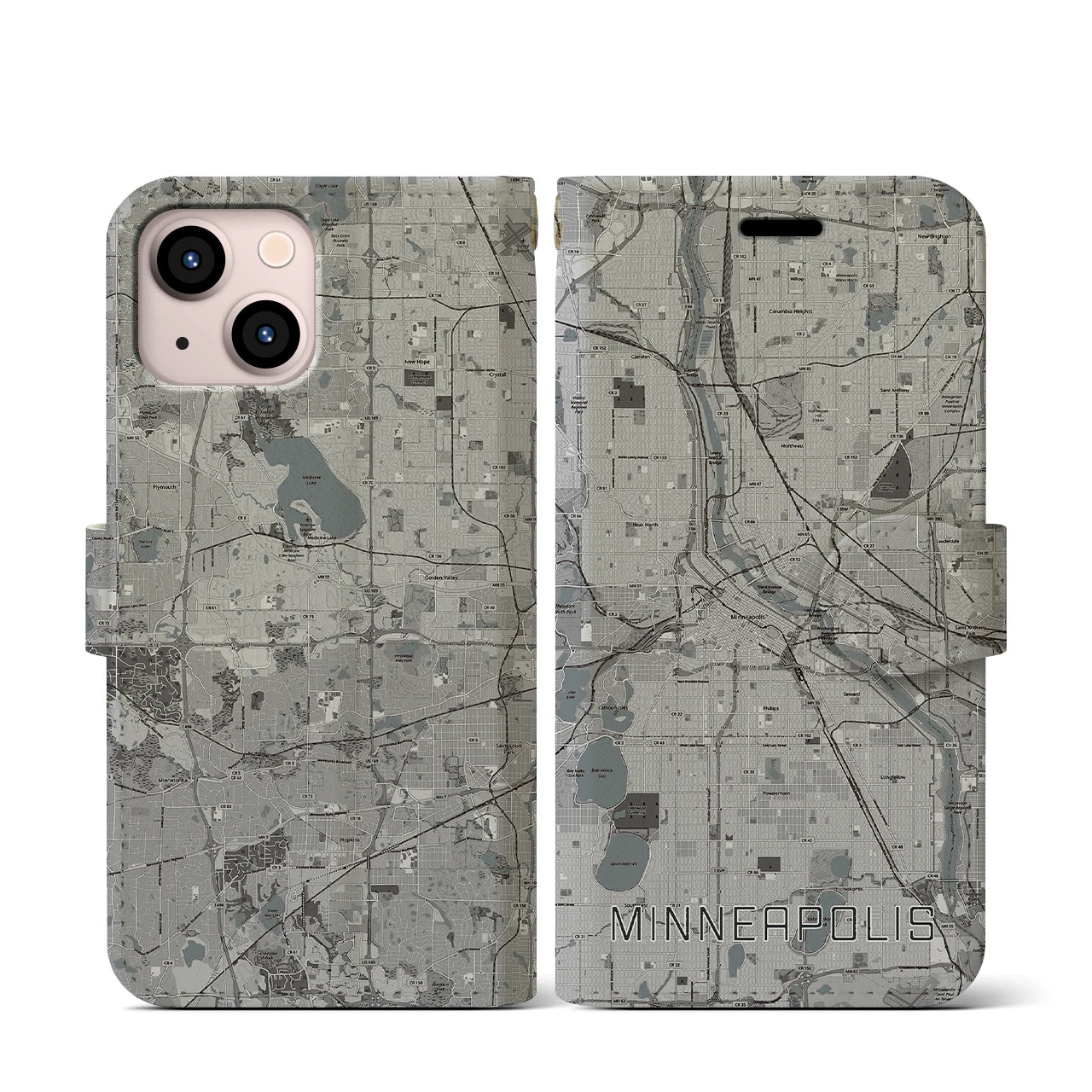 【ミネアポリス(アメリカ)】地図柄iPhoneケース(手帳タイプ)モノトーン・iPhone 13 mini 用