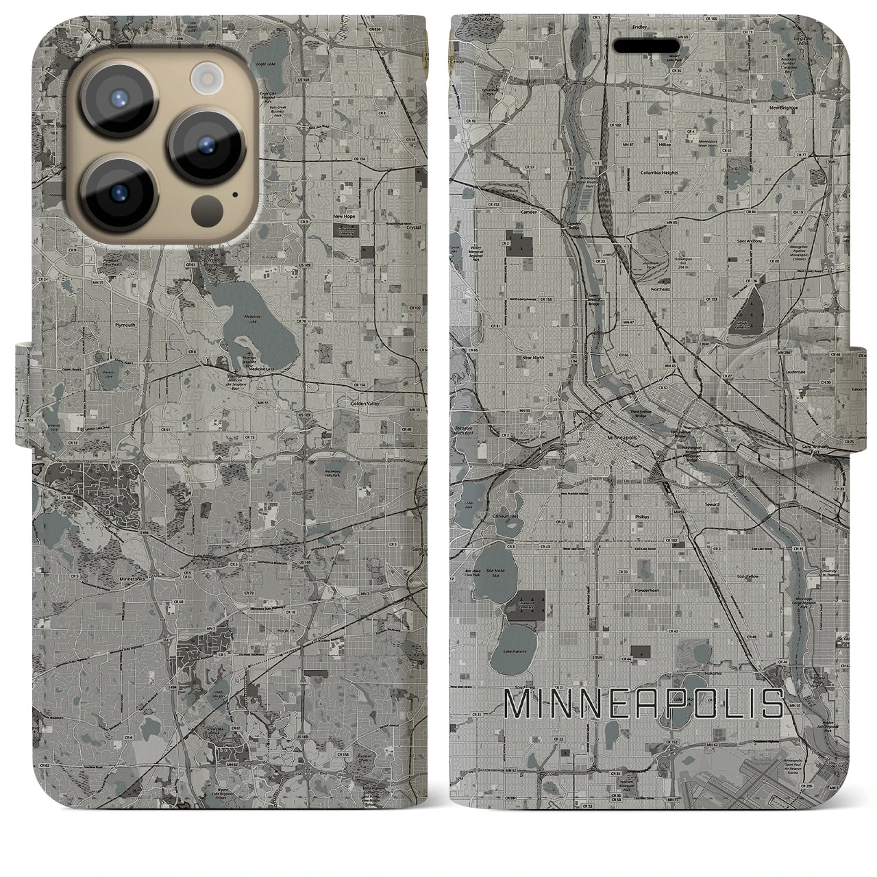 【ミネアポリス(アメリカ)】地図柄iPhoneケース(手帳タイプ)モノトーン・iPhone 14 Pro Max 用