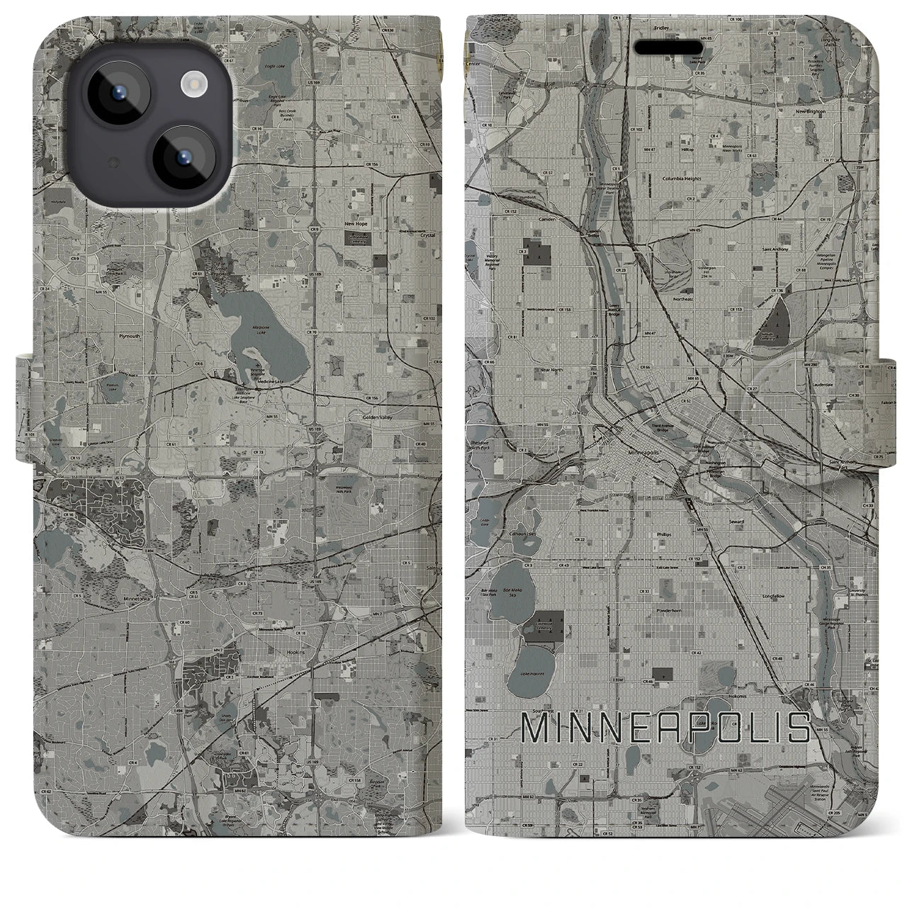 【ミネアポリス(アメリカ)】地図柄iPhoneケース(手帳タイプ)モノトーン・iPhone 14 Plus 用