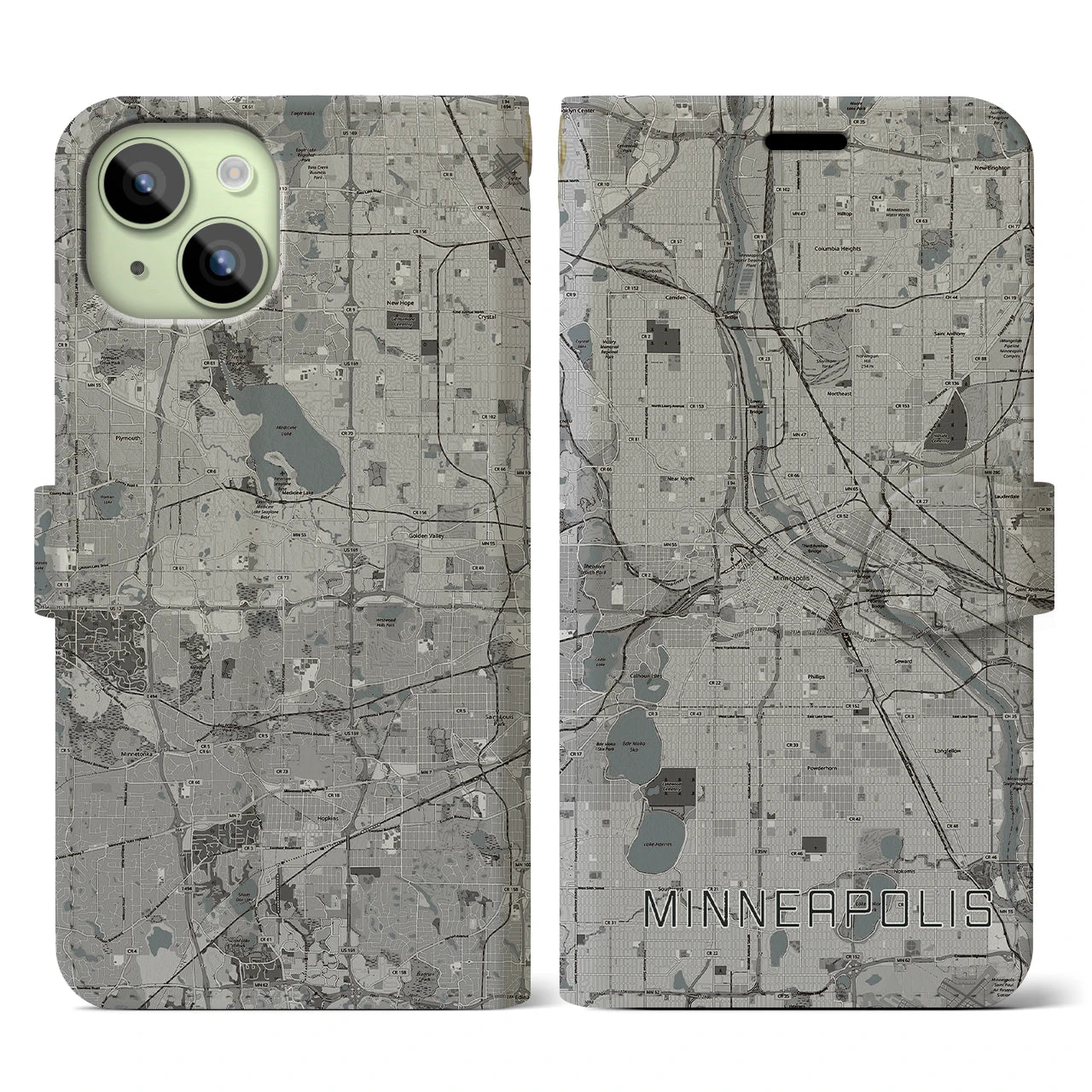 【ミネアポリス(アメリカ)】地図柄iPhoneケース(手帳タイプ)モノトーン・iPhone 15 用