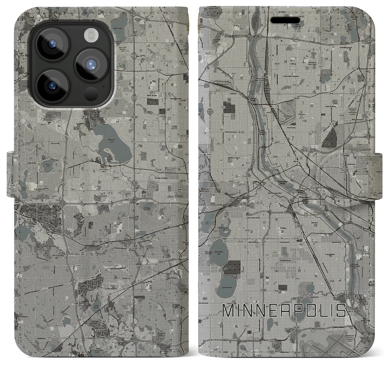 【ミネアポリス(アメリカ)】地図柄iPhoneケース(手帳タイプ)モノトーン・iPhone 15 Pro Max 用