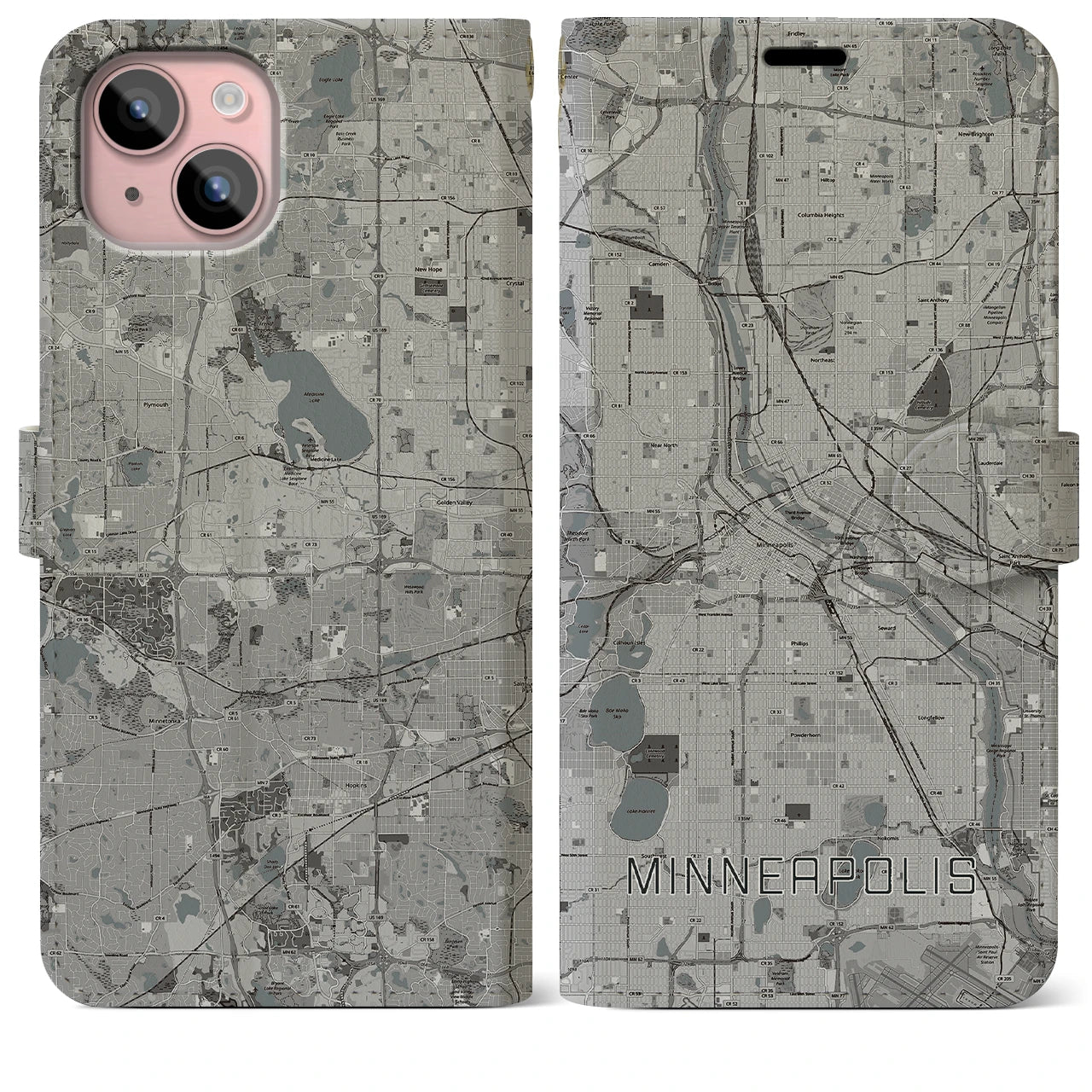 【ミネアポリス(アメリカ)】地図柄iPhoneケース(手帳タイプ)モノトーン・iPhone 15 Plus 用