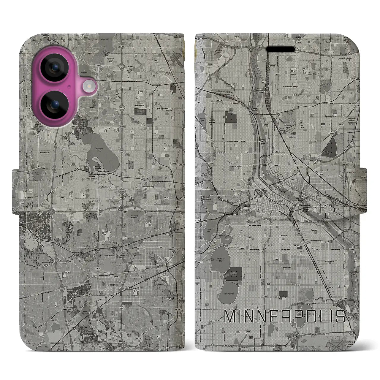 【ミネアポリス(アメリカ)】地図柄iPhoneケース(手帳タイプ)モノトーン・iPhone 16 Pro 用