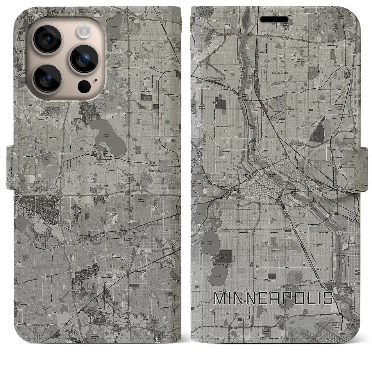 【ミネアポリス(アメリカ)】地図柄iPhoneケース(手帳タイプ)モノトーン・iPhone 16 Plus 用