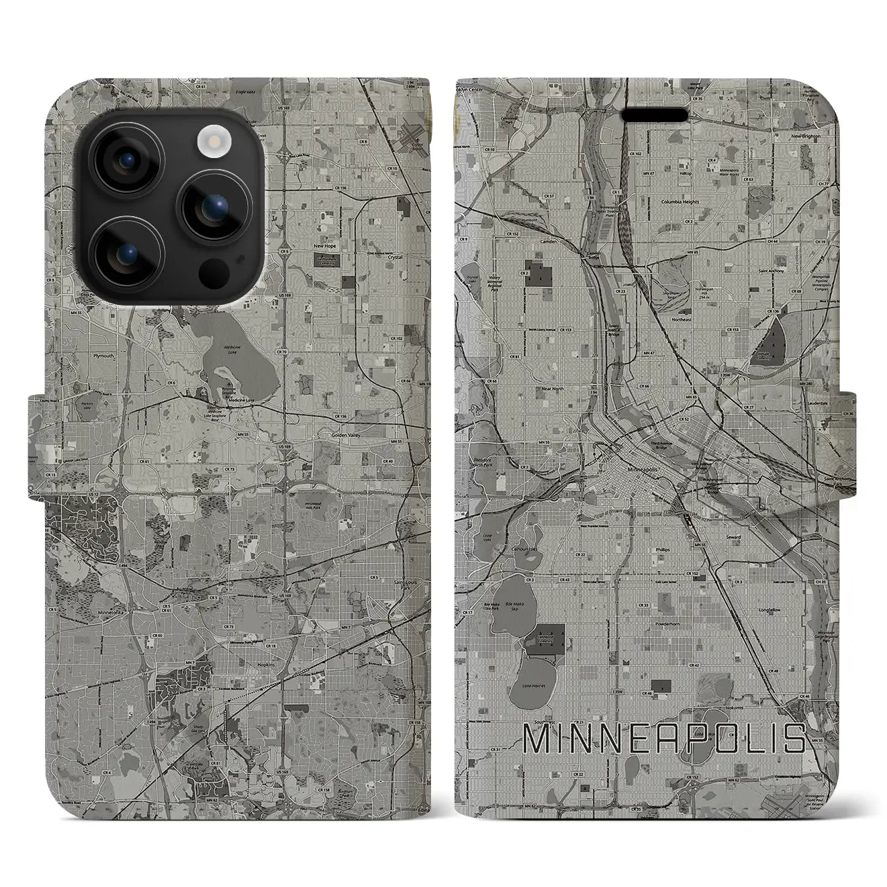 【ミネアポリス(アメリカ)】地図柄iPhoneケース(手帳タイプ)モノトーン・iPhone 16 用