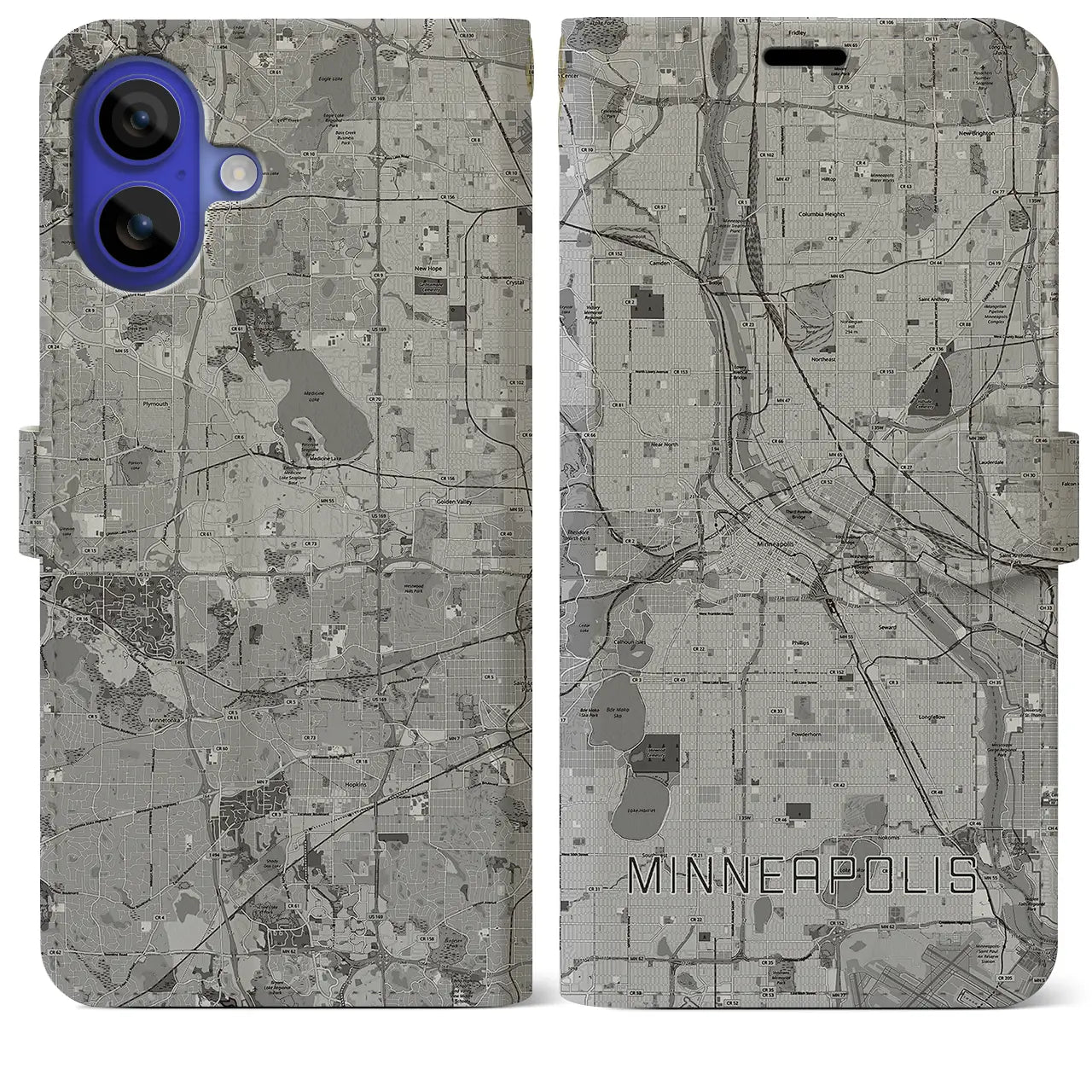 【ミネアポリス(アメリカ)】地図柄iPhoneケース(手帳タイプ)モノトーン・iPhone 16 Pro Max 用