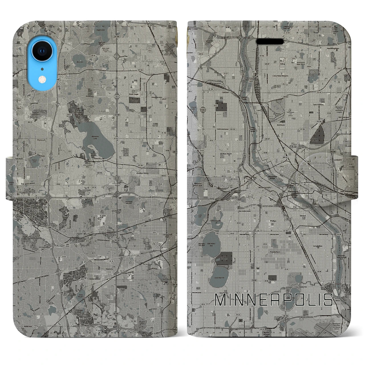 【ミネアポリス(アメリカ)】地図柄iPhoneケース(手帳タイプ)モノトーン・iPhone XR 用