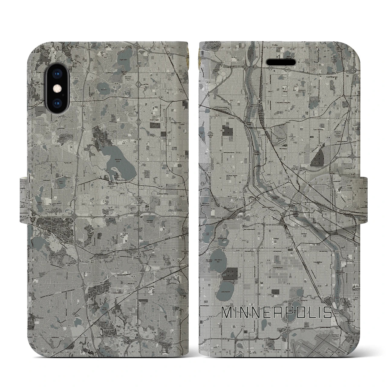 【ミネアポリス(アメリカ)】地図柄iPhoneケース(手帳タイプ)モノトーン・iPhone XS / X 用