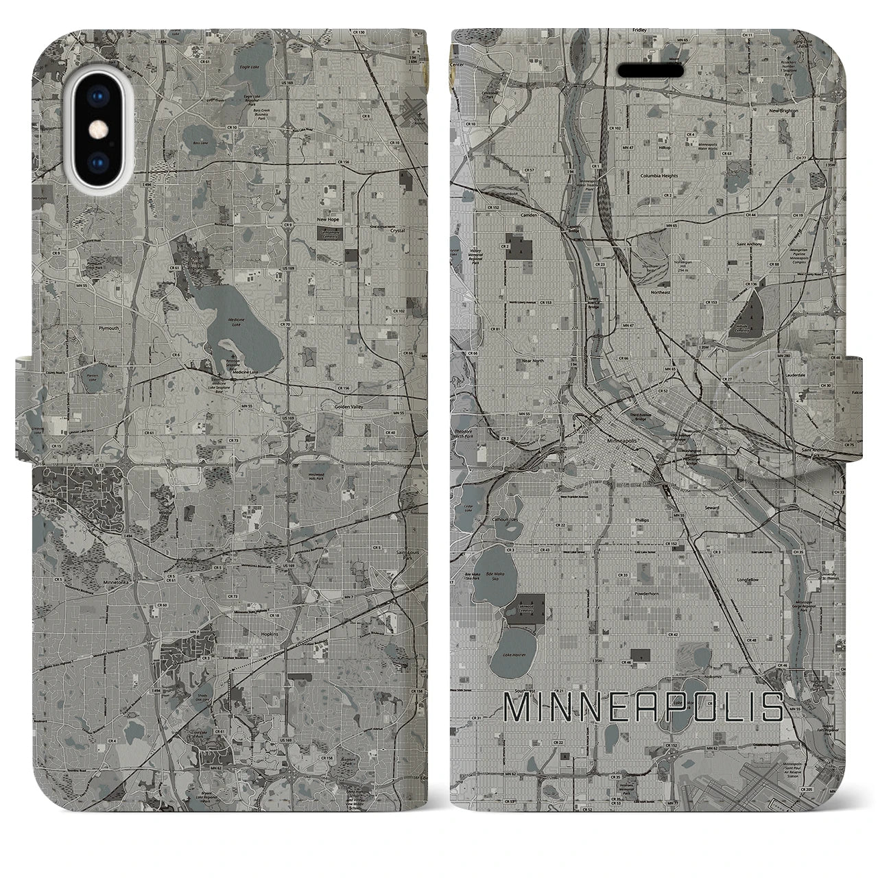 【ミネアポリス(アメリカ)】地図柄iPhoneケース(手帳タイプ)モノトーン・iPhone XS Max 用