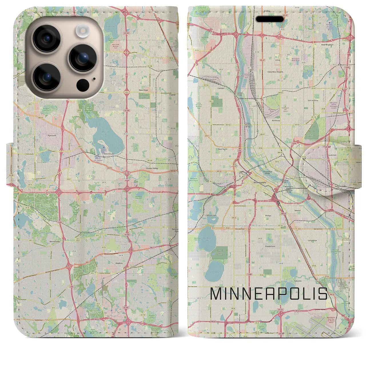【ミネアポリス(アメリカ)】地図柄iPhoneケース(手帳タイプ)ナチュラル・iPhone 16 Plus 用