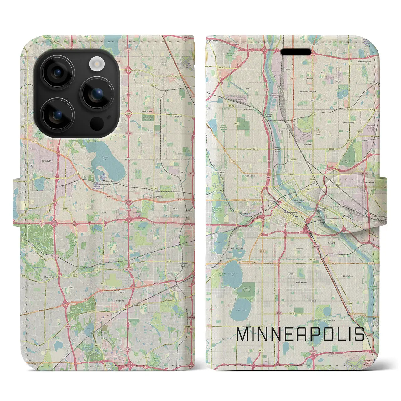 【ミネアポリス(アメリカ)】地図柄iPhoneケース(手帳タイプ)ナチュラル・iPhone 16 用