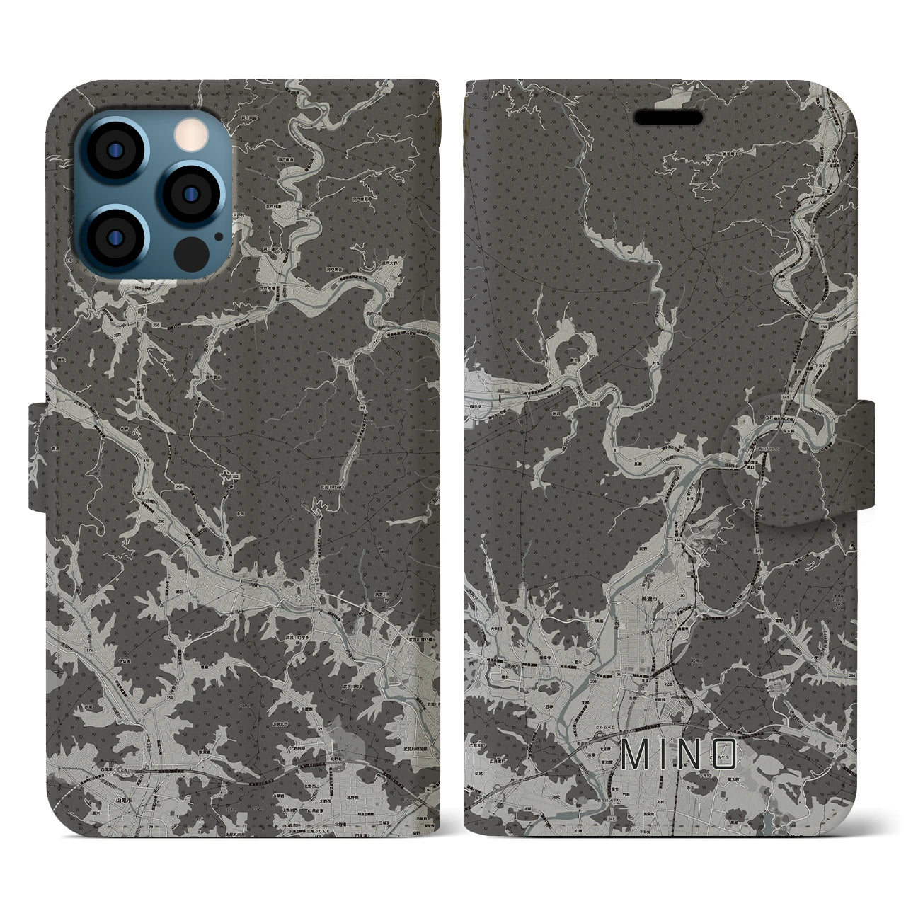 【美濃(岐阜県)】地図柄iPhoneケース(手帳タイプ)モノトーン・iPhone 12 / 12 Pro 用