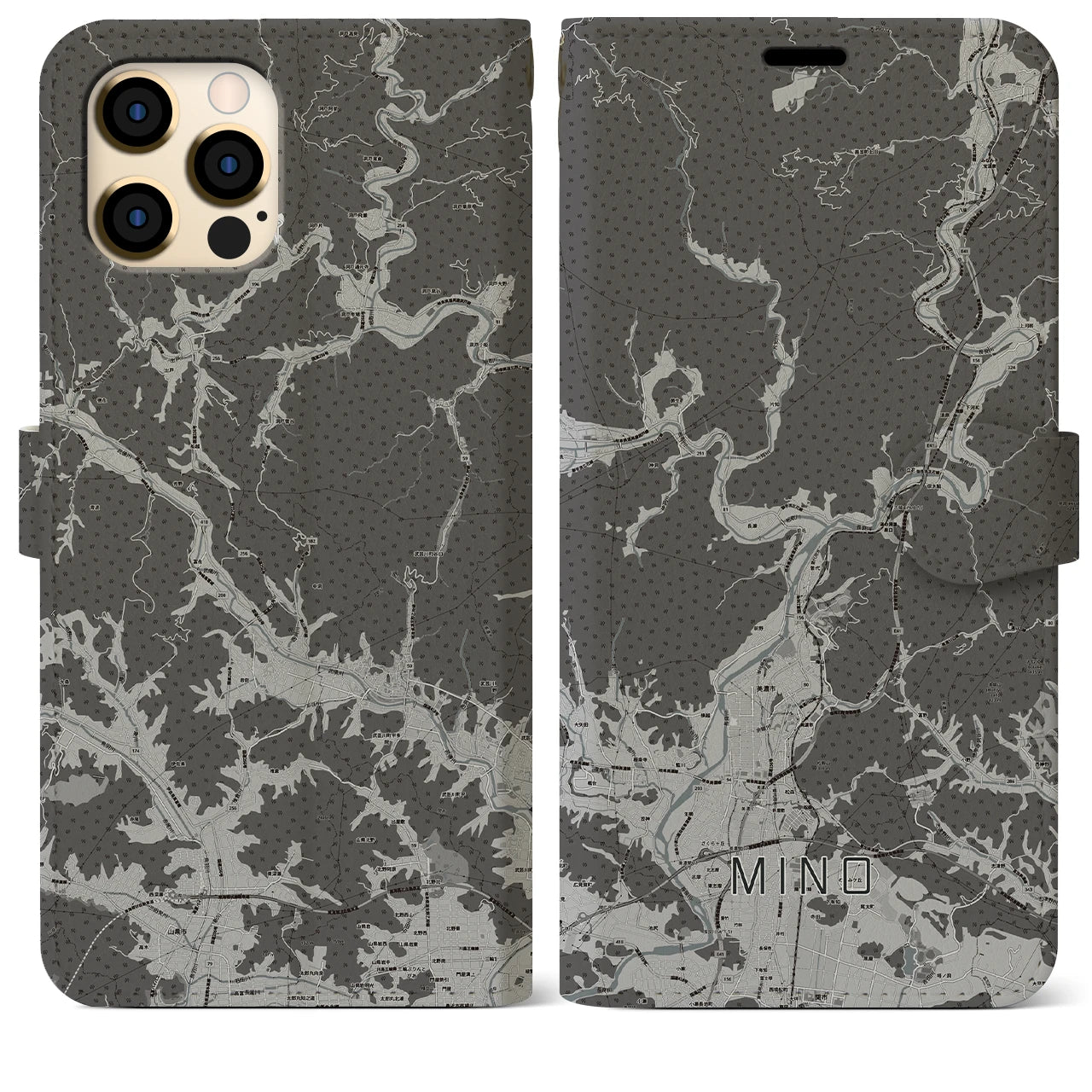 【美濃(岐阜県)】地図柄iPhoneケース(手帳タイプ)モノトーン・iPhone 12 Pro Max 用