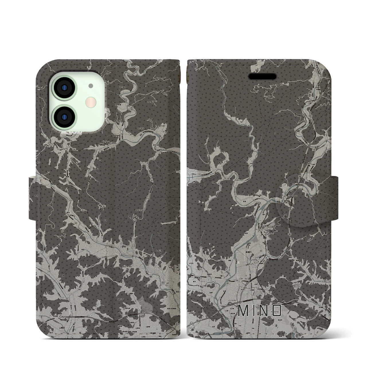 【美濃(岐阜県)】地図柄iPhoneケース(手帳タイプ)モノトーン・iPhone 12 mini 用