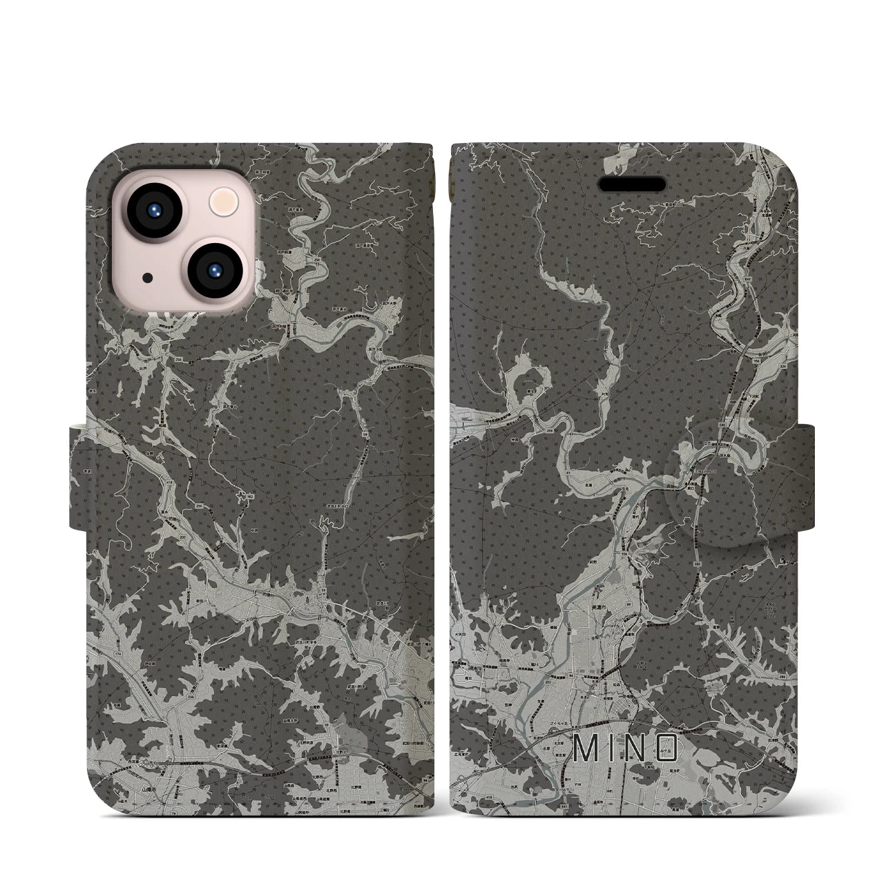 【美濃(岐阜県)】地図柄iPhoneケース(手帳タイプ)モノトーン・iPhone 13 mini 用