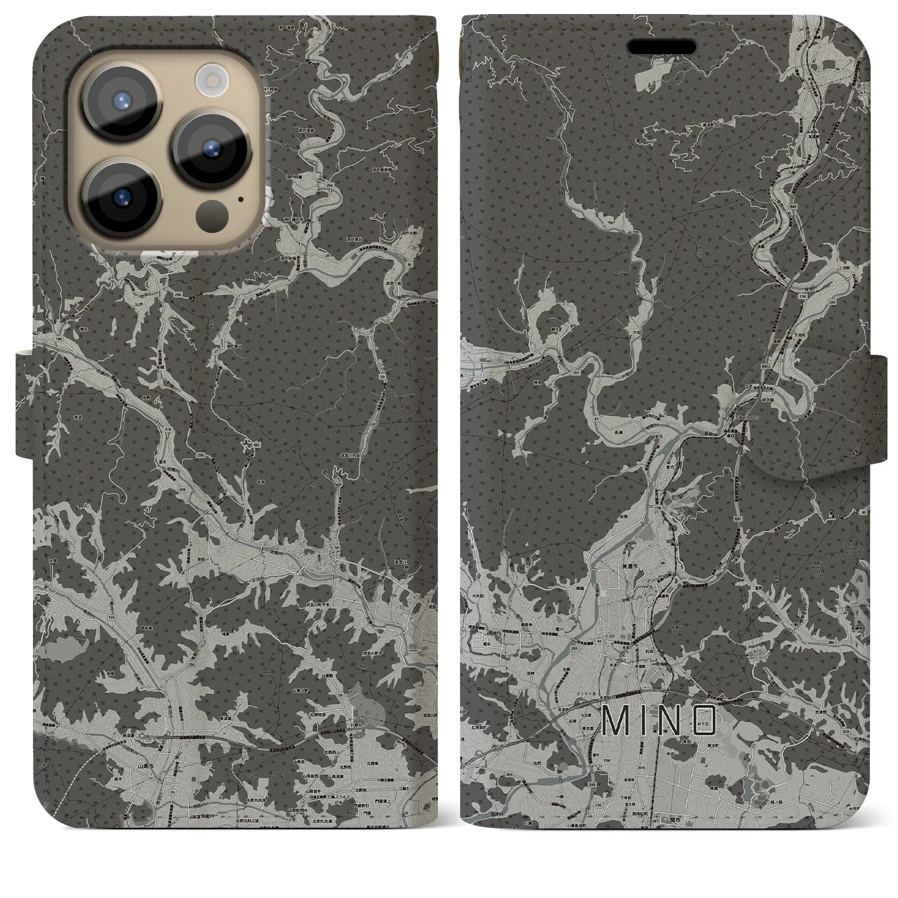 【美濃(岐阜県)】地図柄iPhoneケース(手帳タイプ)モノトーン・iPhone 14 Pro Max 用