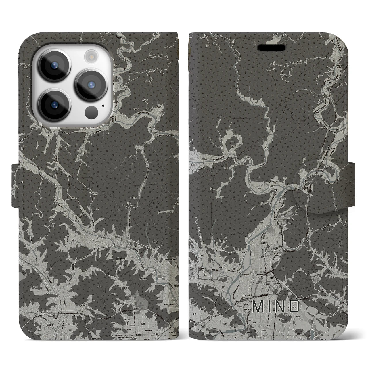 【美濃(岐阜県)】地図柄iPhoneケース(手帳タイプ)モノトーン・iPhone 14 Pro 用