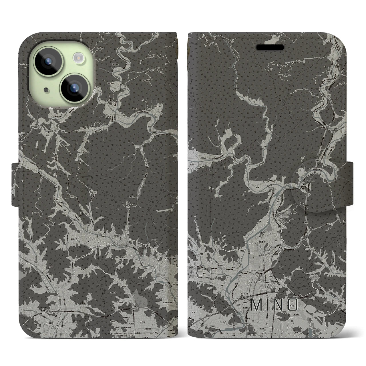 【美濃(岐阜県)】地図柄iPhoneケース(手帳タイプ)モノトーン・iPhone 15 用