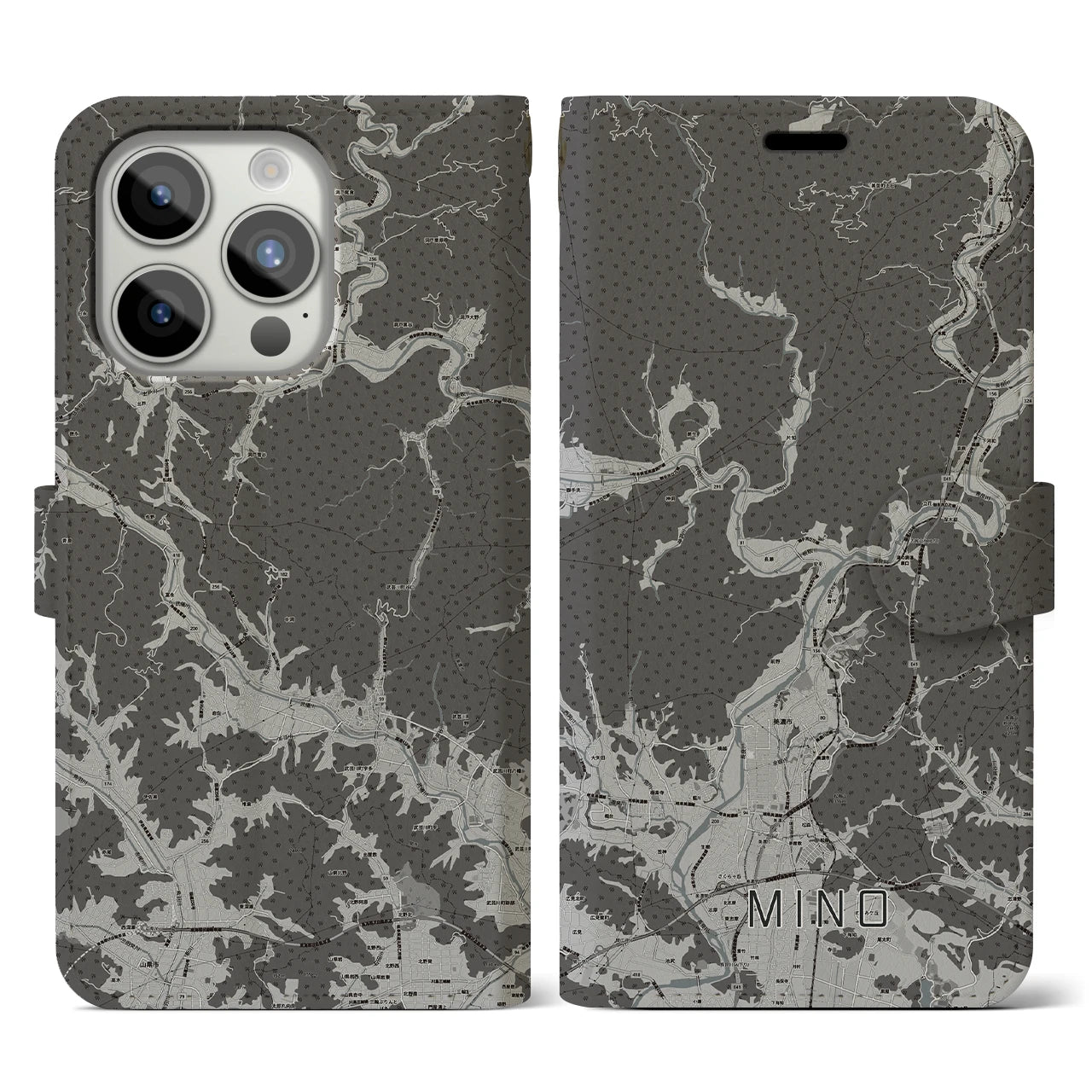 【美濃(岐阜県)】地図柄iPhoneケース(手帳タイプ)モノトーン・iPhone 15 Pro 用
