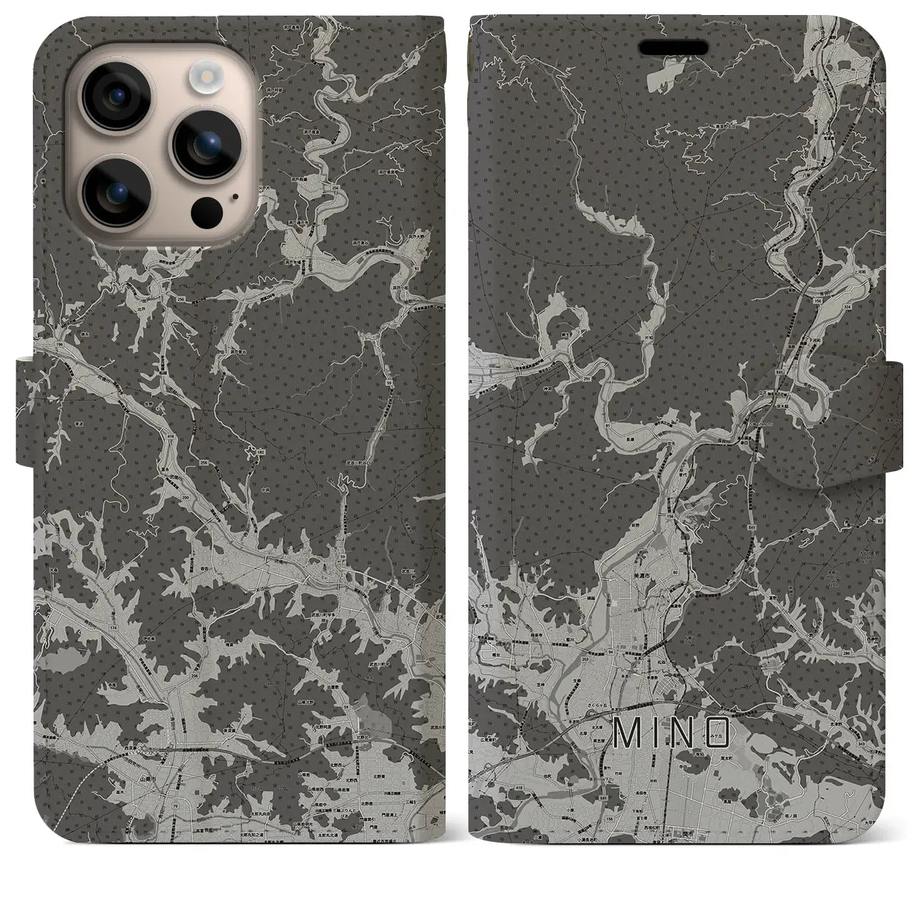 【美濃(岐阜県)】地図柄iPhoneケース(手帳タイプ)モノトーン・iPhone 16 Plus 用