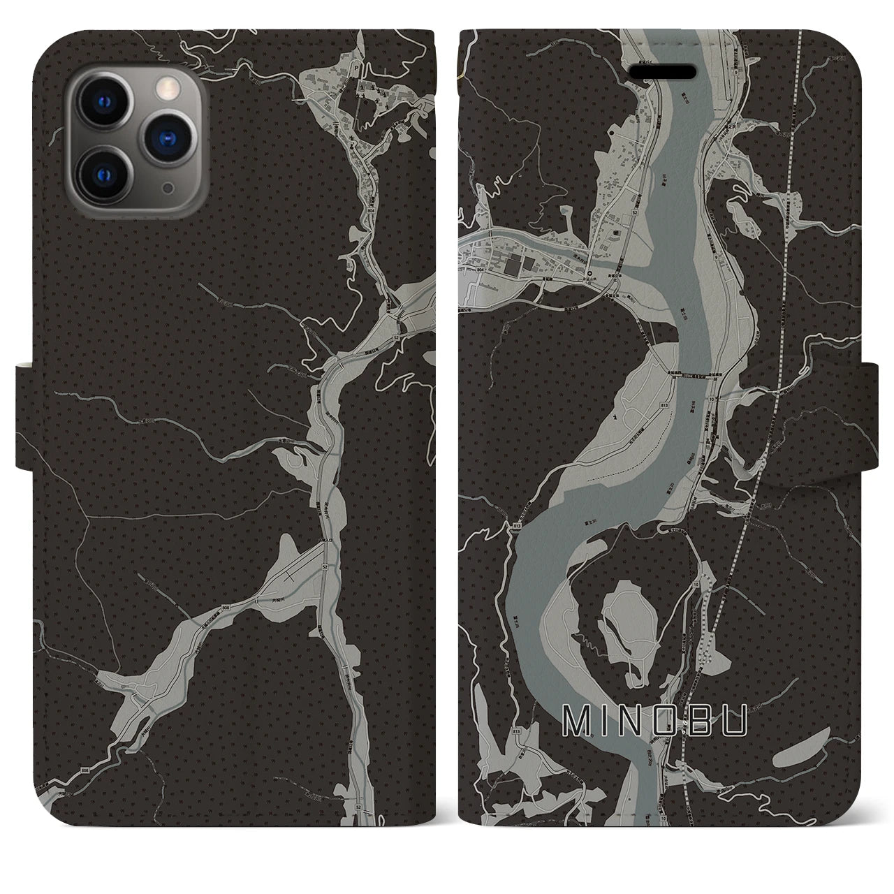 【身延(山梨県)】地図柄iPhoneケース(手帳タイプ)モノトーン・iPhone 11 Pro Max 用