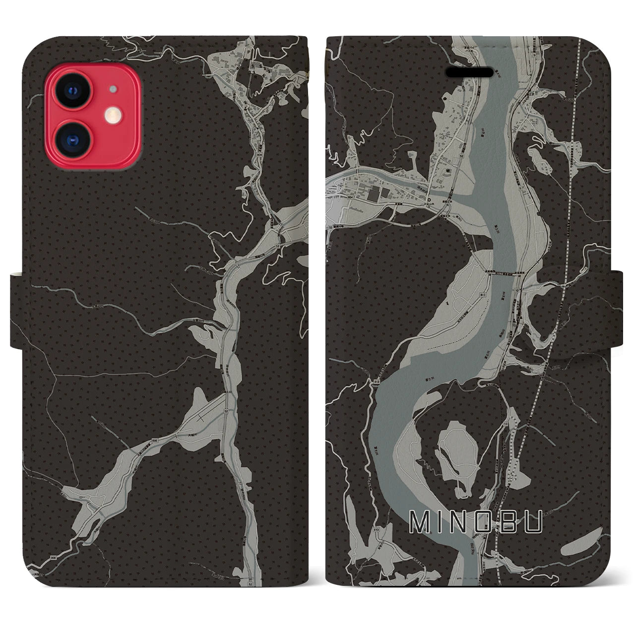 【身延(山梨県)】地図柄iPhoneケース(手帳タイプ)モノトーン・iPhone 11 用