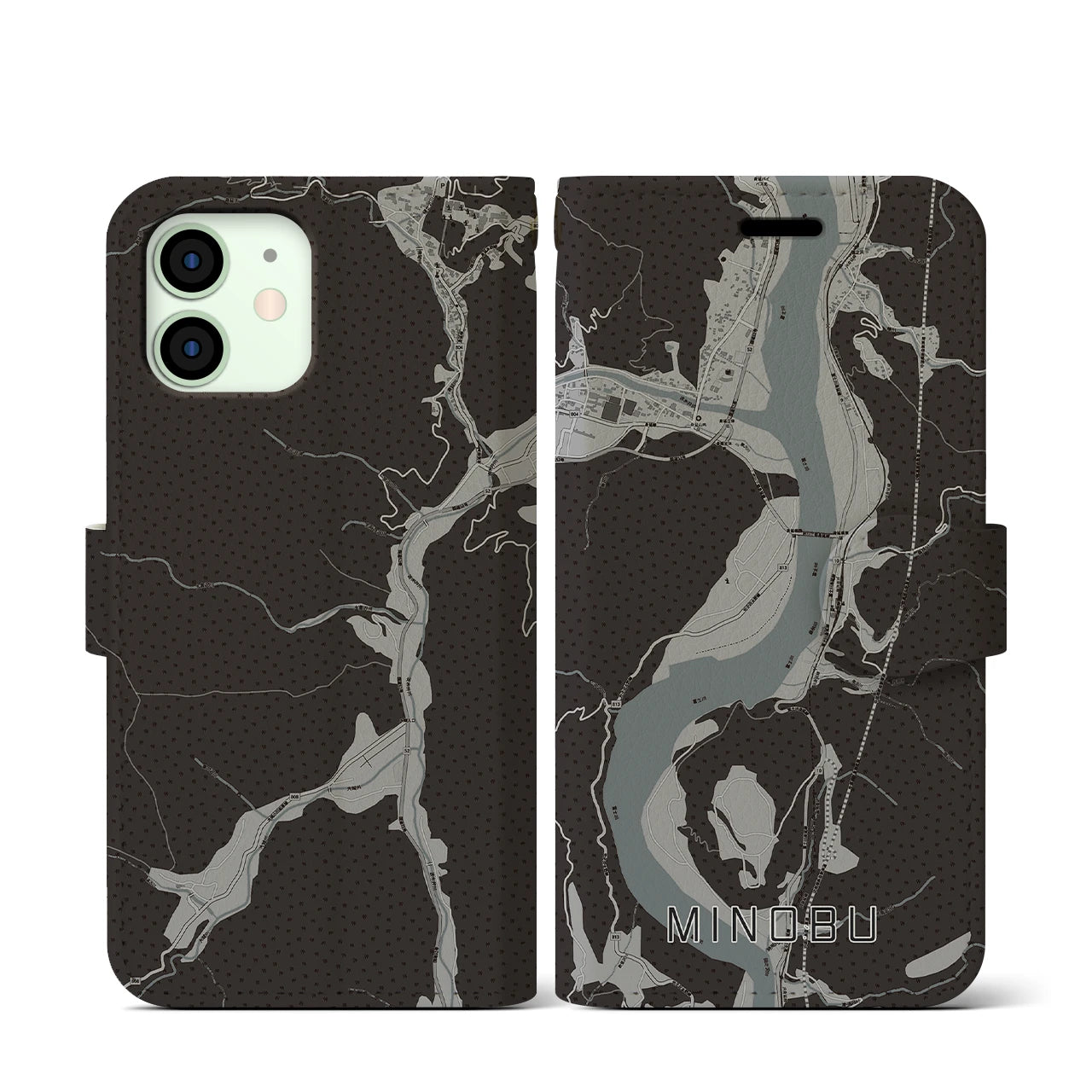 【身延(山梨県)】地図柄iPhoneケース(手帳タイプ)モノトーン・iPhone 12 mini 用