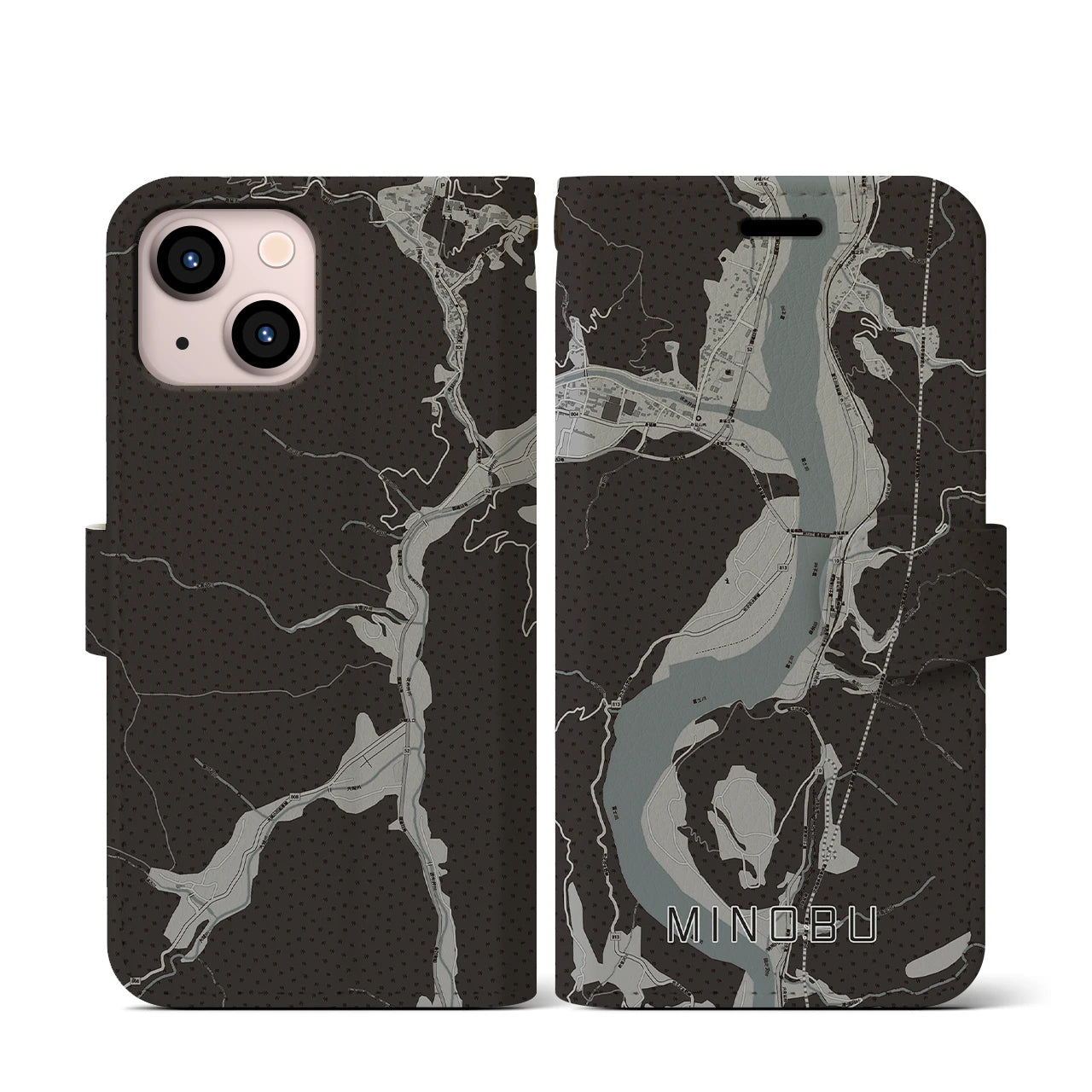【身延(山梨県)】地図柄iPhoneケース(手帳タイプ)モノトーン・iPhone 13 mini 用