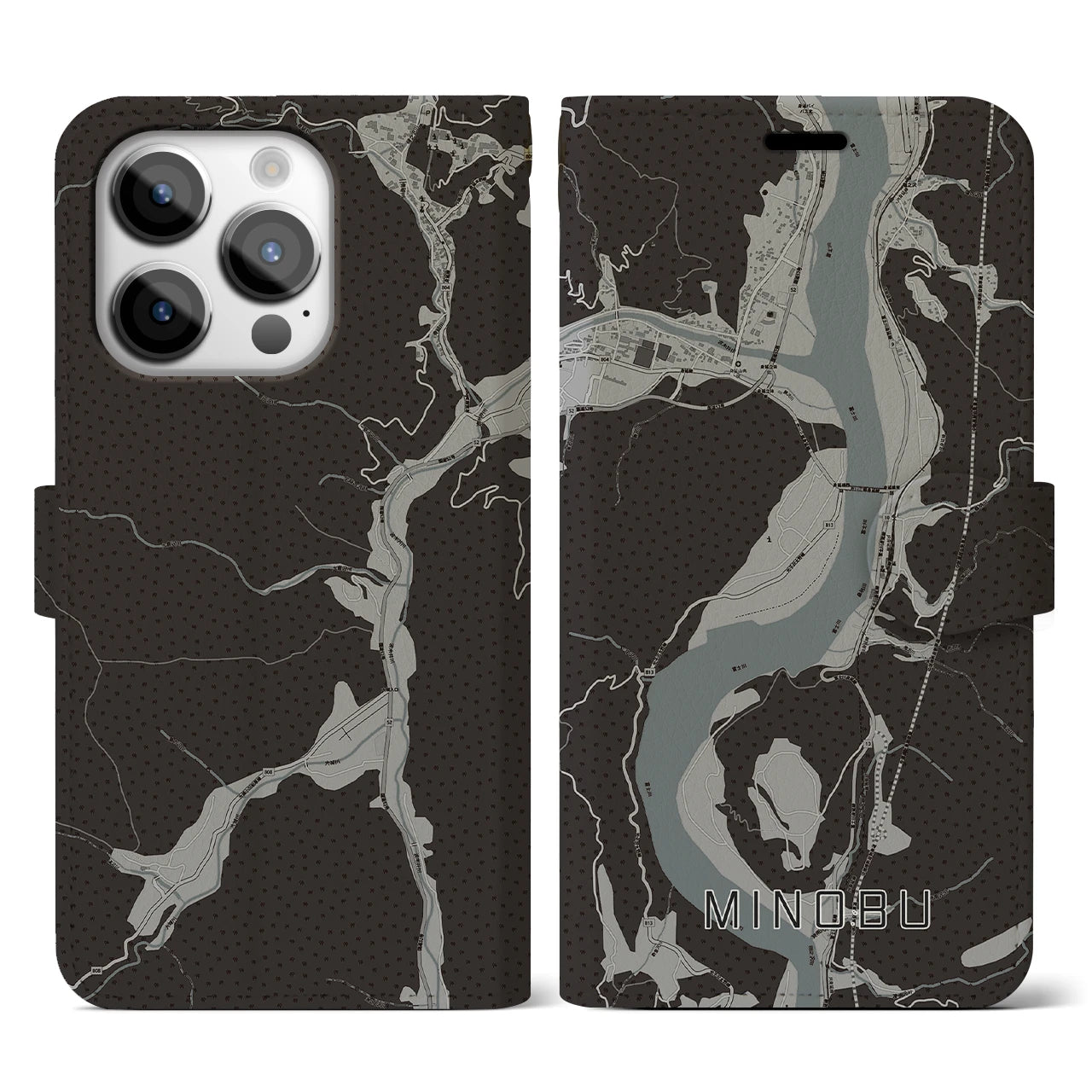 【身延(山梨県)】地図柄iPhoneケース(手帳タイプ)モノトーン・iPhone 14 Pro 用