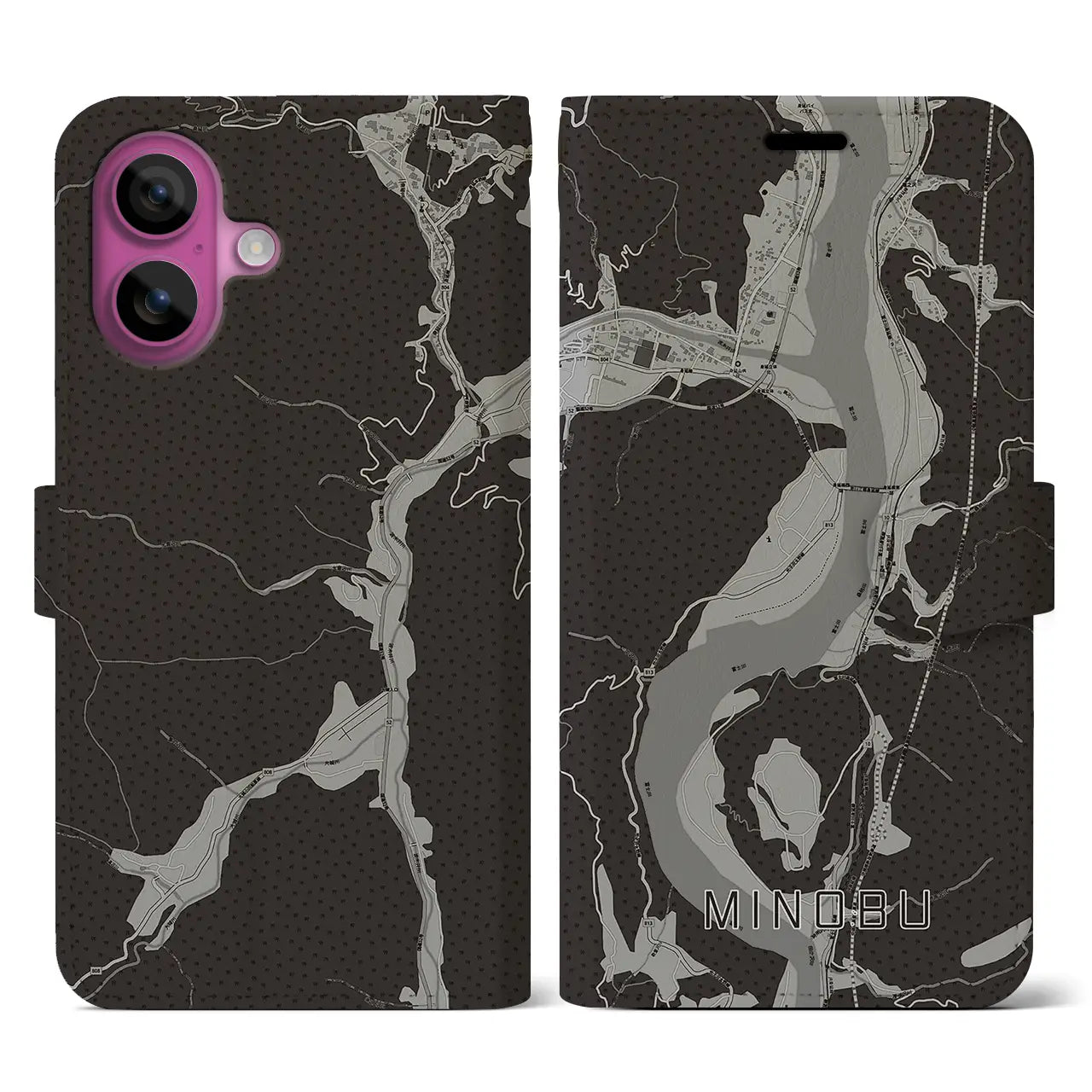 【身延(山梨県)】地図柄iPhoneケース(手帳タイプ)モノトーン・iPhone 16 Pro 用