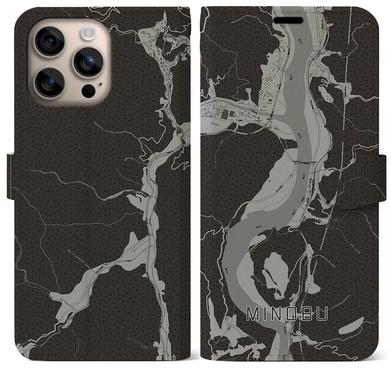 【身延(山梨県)】地図柄iPhoneケース(手帳タイプ)モノトーン・iPhone 16 Plus 用