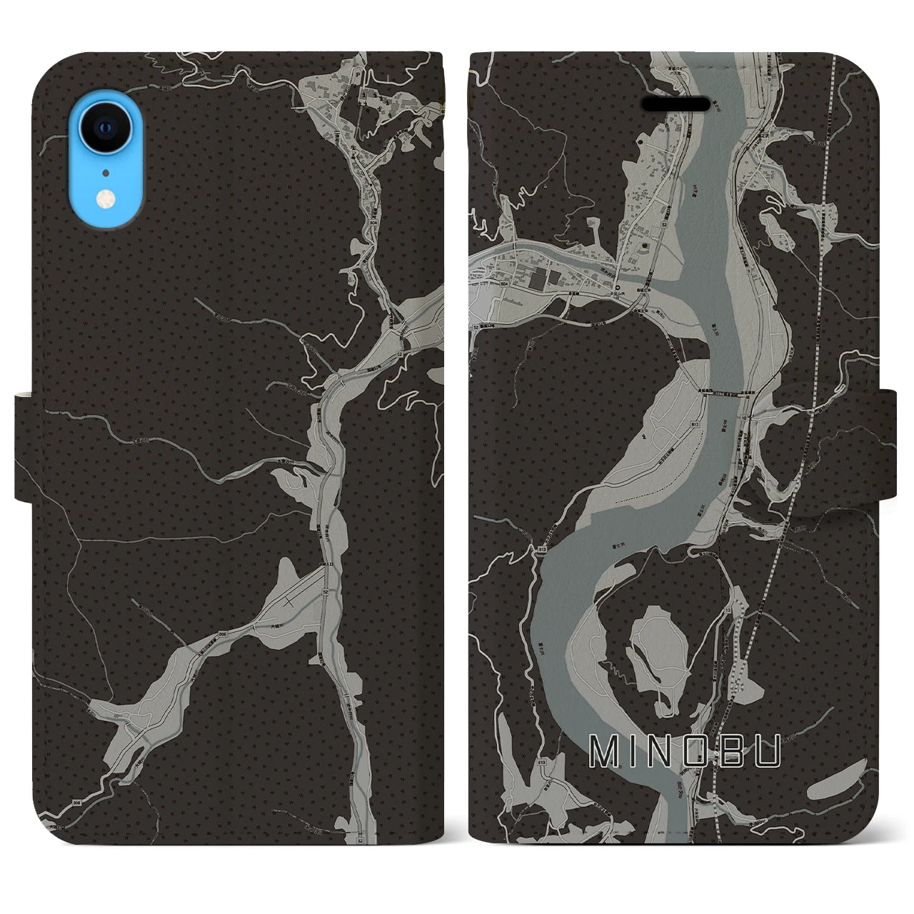 【身延(山梨県)】地図柄iPhoneケース(手帳タイプ)モノトーン・iPhone XR 用