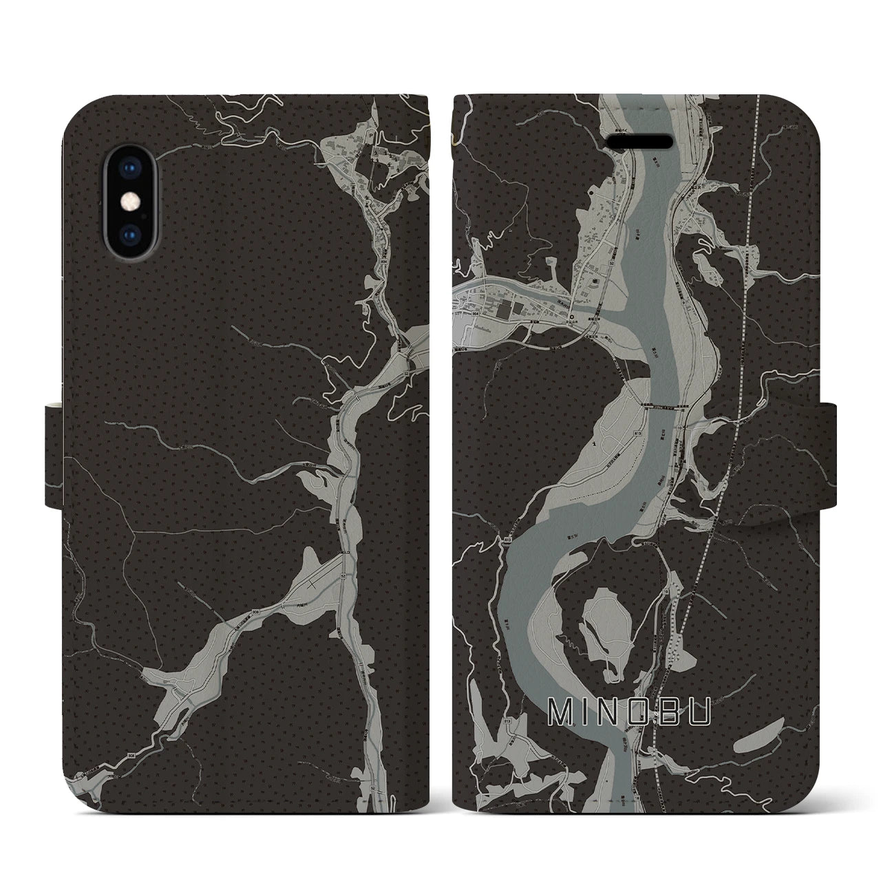 【身延(山梨県)】地図柄iPhoneケース(手帳タイプ)モノトーン・iPhone XS / X 用