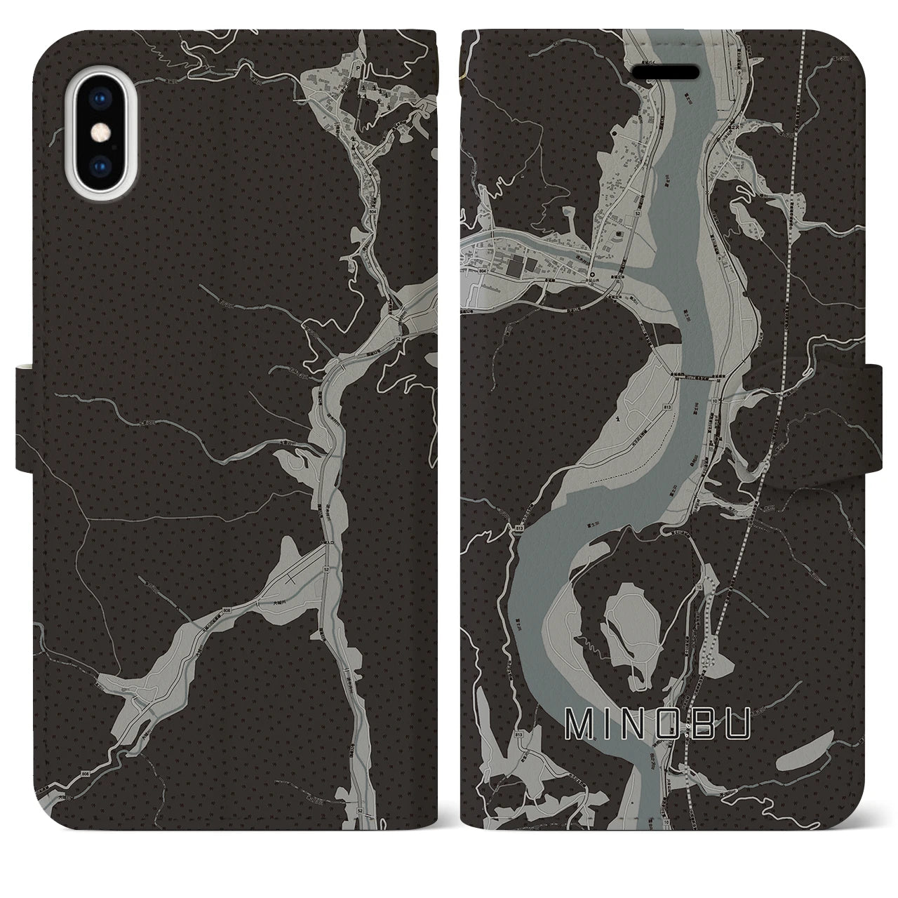 【身延(山梨県)】地図柄iPhoneケース(手帳タイプ)モノトーン・iPhone XS Max 用