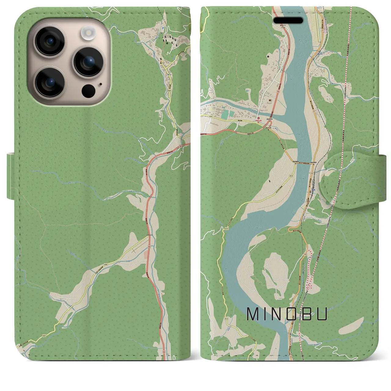 【身延(山梨県)】地図柄iPhoneケース(手帳タイプ)ナチュラル・iPhone 16 Plus 用
