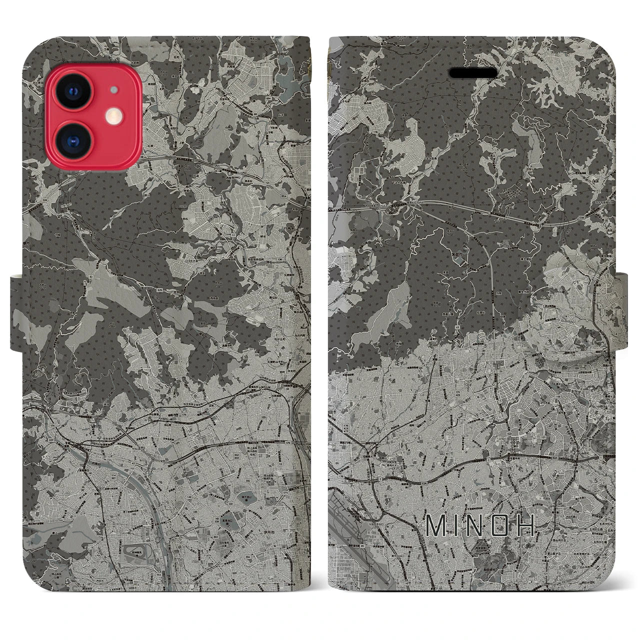 【箕面(大阪府)】地図柄iPhoneケース(手帳タイプ)モノトーン・iPhone 11 用