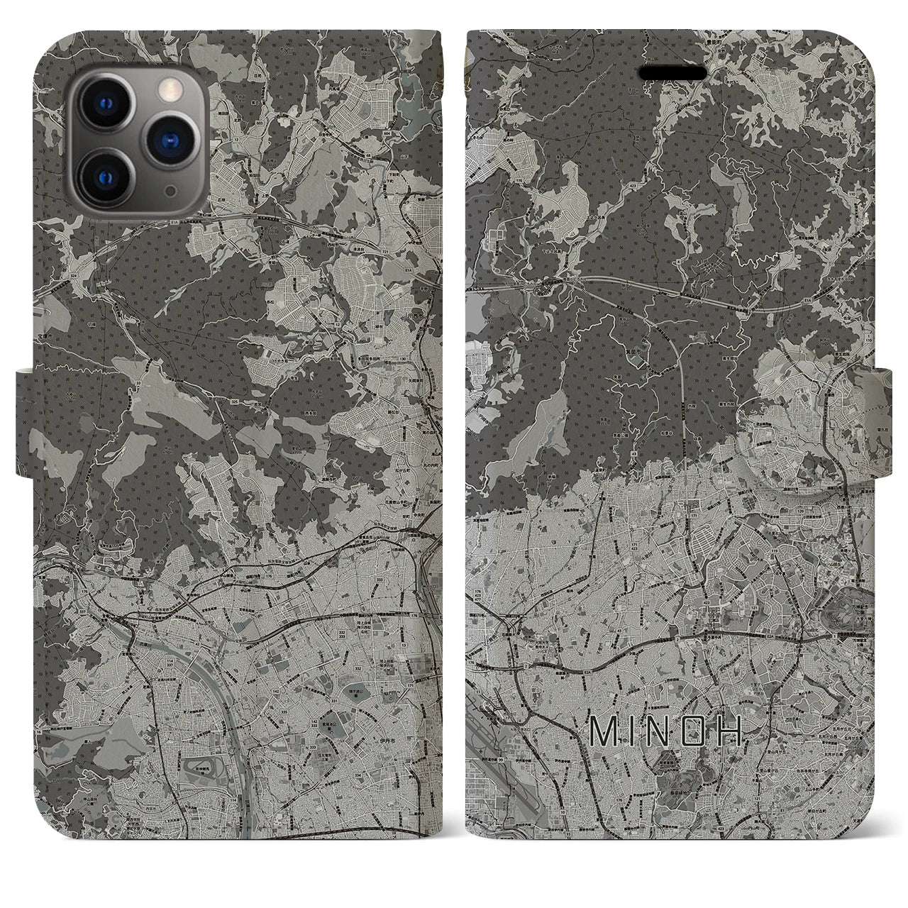【箕面(大阪府)】地図柄iPhoneケース(手帳タイプ)モノトーン・iPhone 11 Pro Max 用