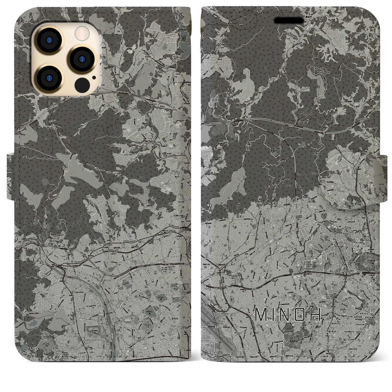 【箕面(大阪府)】地図柄iPhoneケース(手帳タイプ)モノトーン・iPhone 12 Pro Max 用