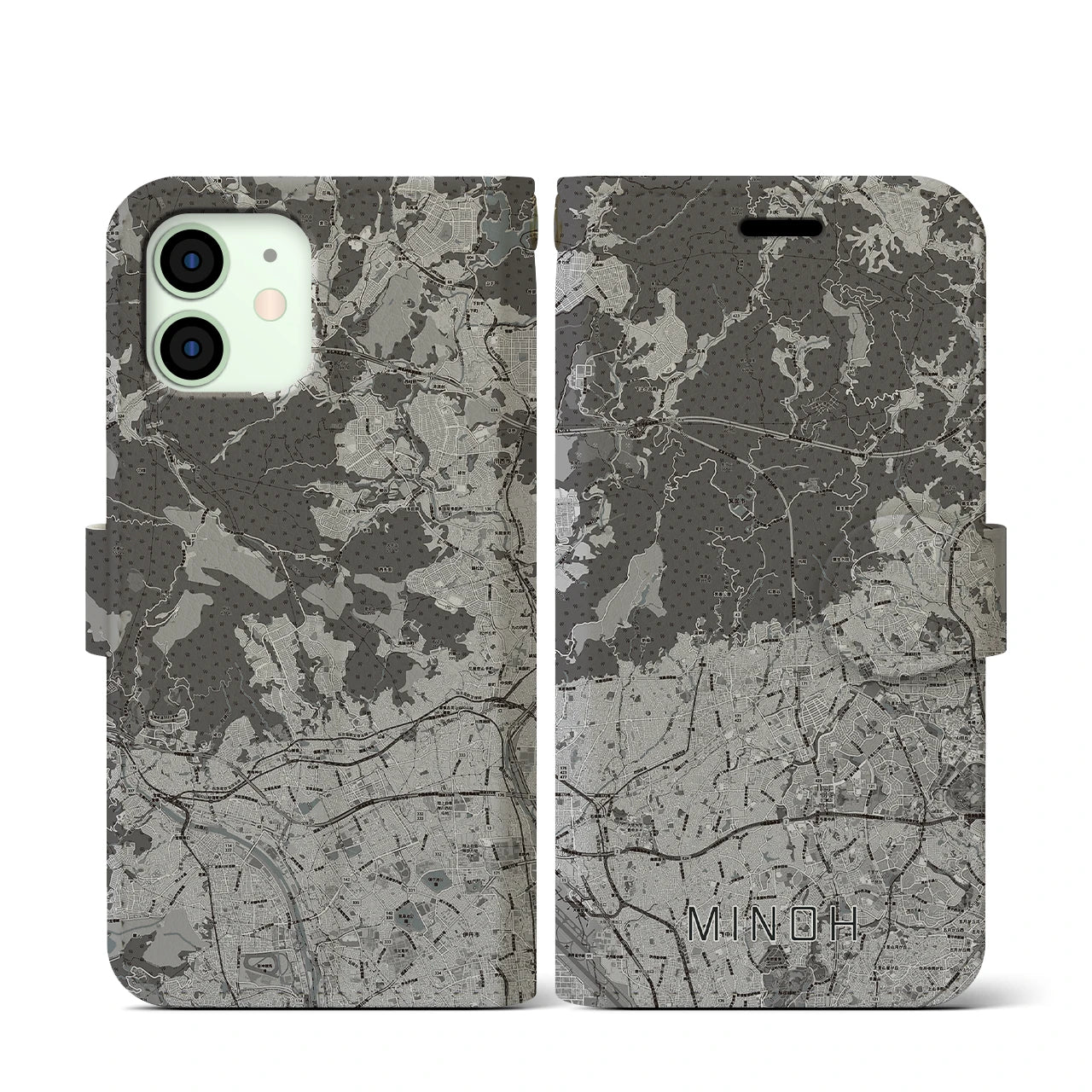 【箕面(大阪府)】地図柄iPhoneケース(手帳タイプ)モノトーン・iPhone 12 mini 用