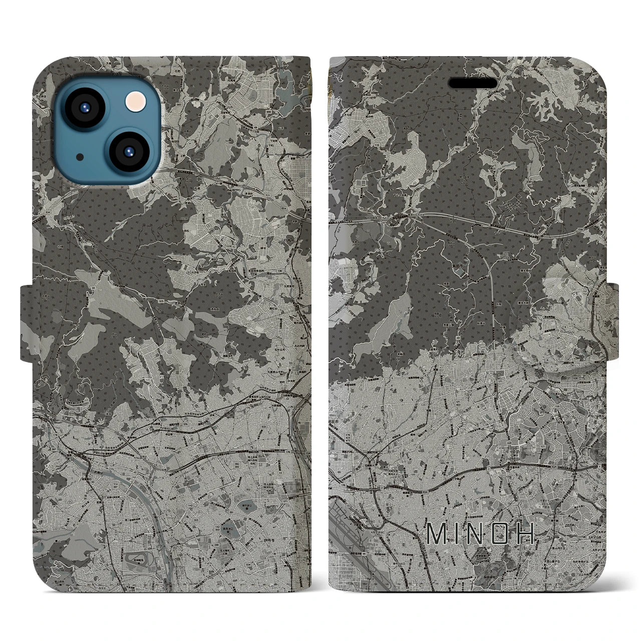 【箕面(大阪府)】地図柄iPhoneケース(手帳タイプ)モノトーン・iPhone 13 用