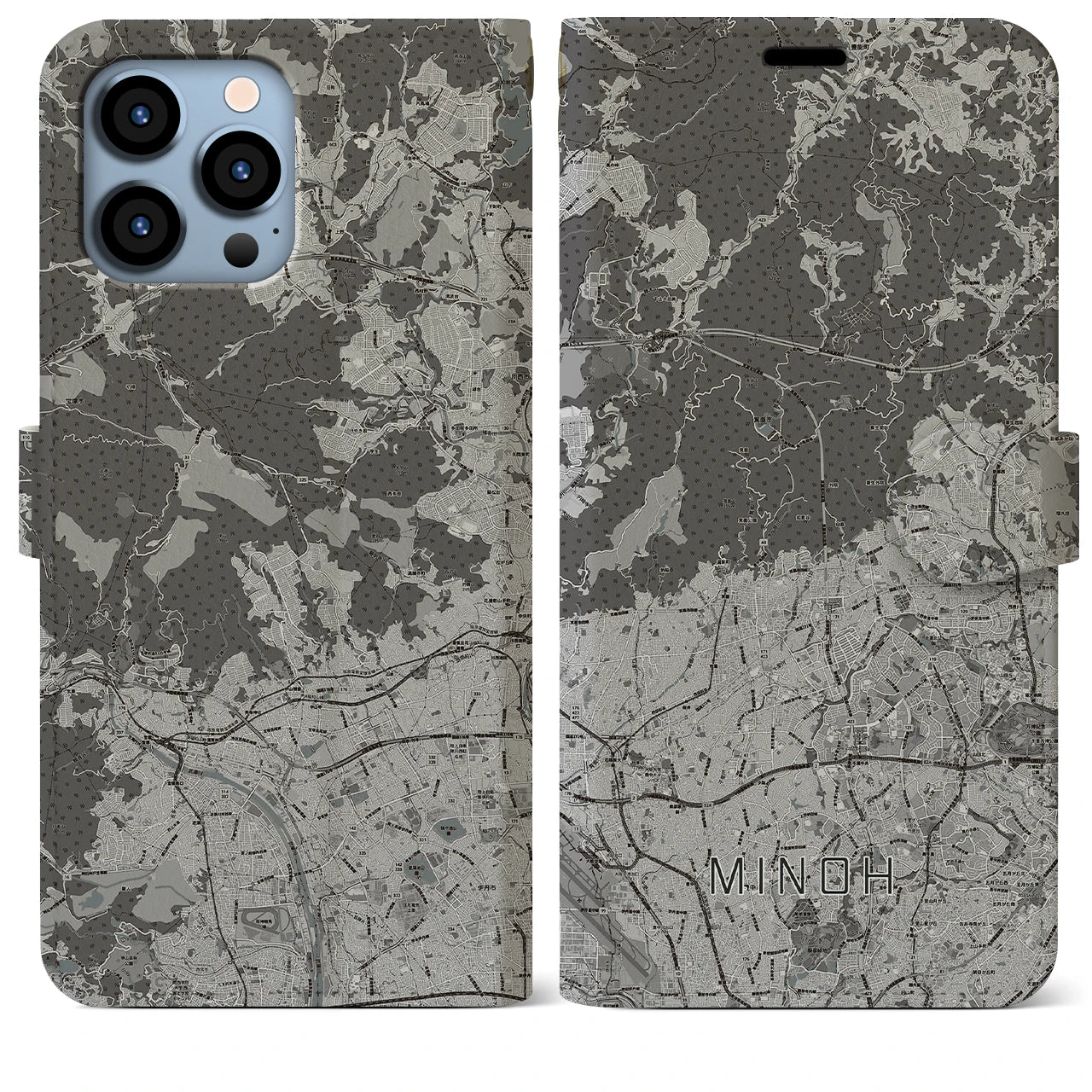 【箕面(大阪府)】地図柄iPhoneケース(手帳タイプ)モノトーン・iPhone 13 Pro Max 用