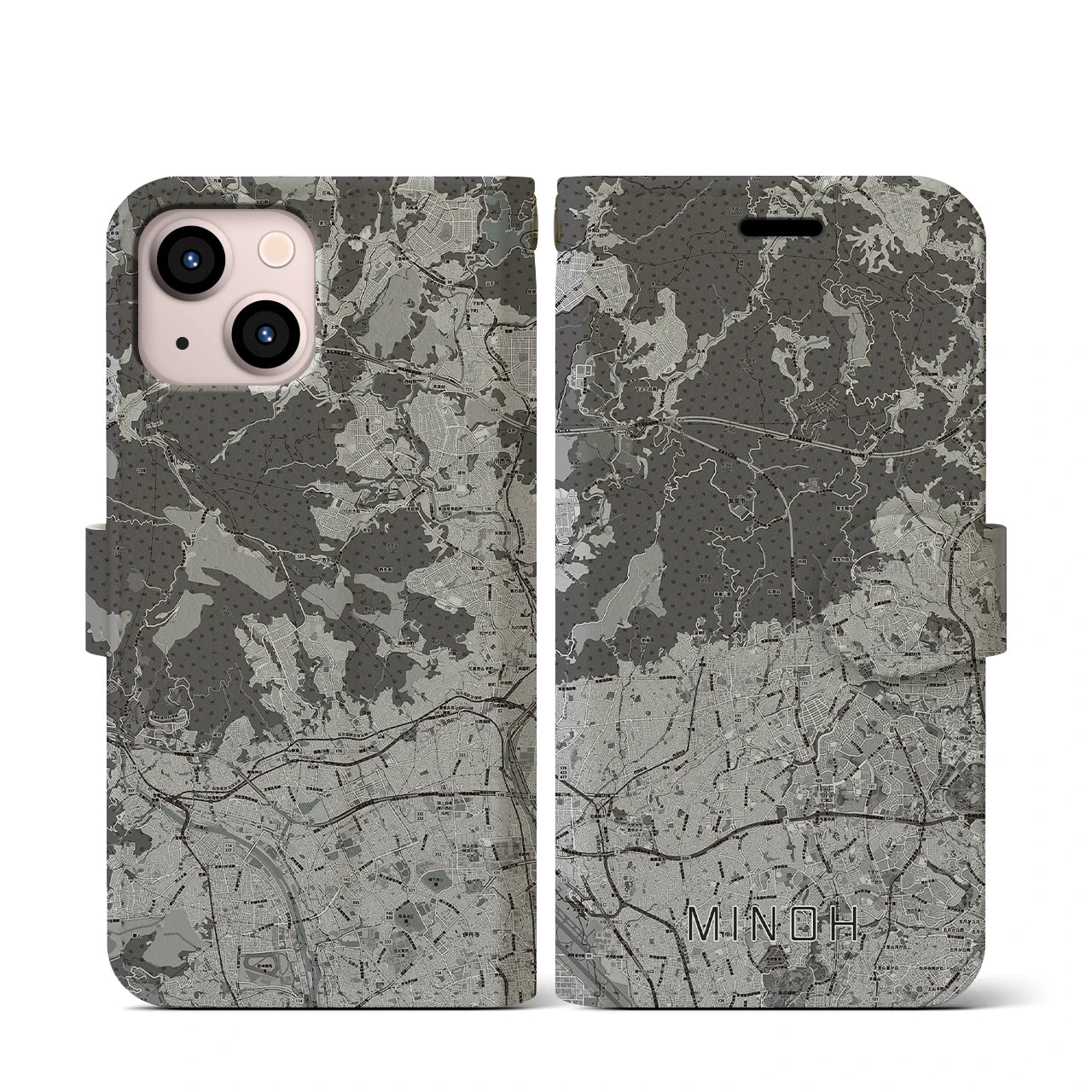 【箕面(大阪府)】地図柄iPhoneケース(手帳タイプ)モノトーン・iPhone 13 mini 用