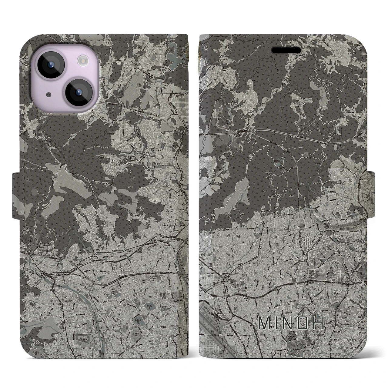 【箕面(大阪府)】地図柄iPhoneケース(手帳タイプ)モノトーン・iPhone 14 用